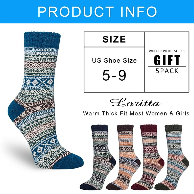 Loritta 5 Pairs Warm Wool Socks for Women, Thick Knit Thermal Crew Winter  Warm Socks Size 5-9