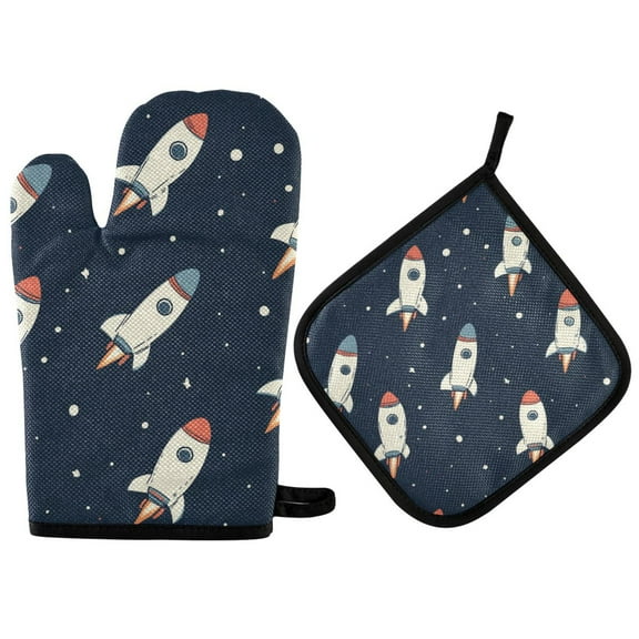 Yayeee Oven Mitts and Pot Holder Set of 2 Heat Resistant Kitchen Gloves Baking Hot Pad, Rocket Pattern
