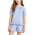 thumbnail image 2 of Girls 2 Piece Plaid Suit Puff Short Sleeve Crew Neck Tops Elastic Waist Short Ruffled Hem Cute Casual Outfits (15-16 Years, Blue), 2 of 8