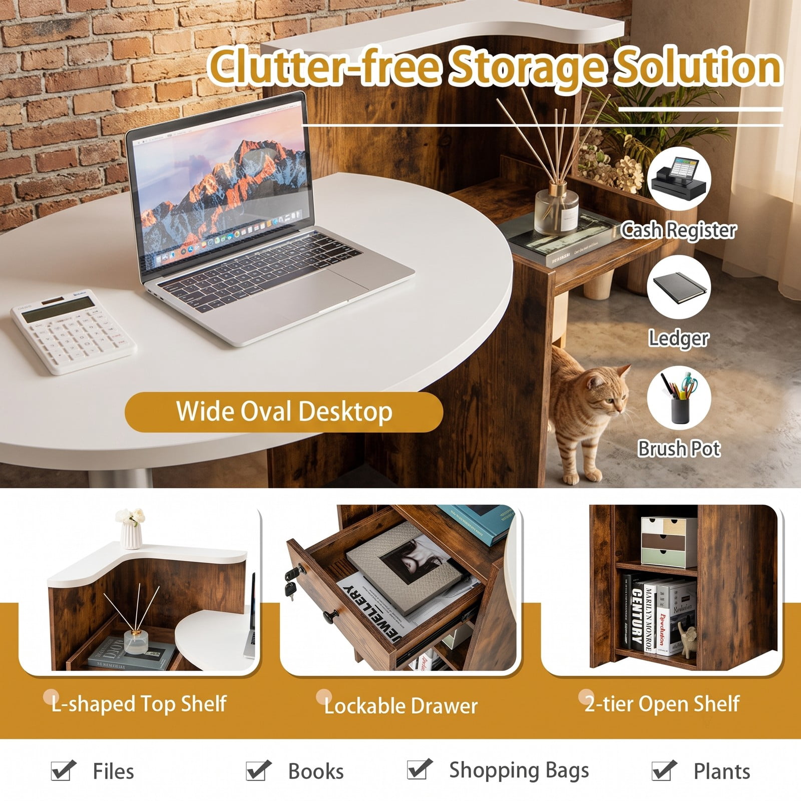 Furnibear Reception Office Desk, L-Shaped Front Desk Reception Counter with Lockable Drawer, Adjustable Open Shelf and Bottom Storage for Office, Rustic Brown & White