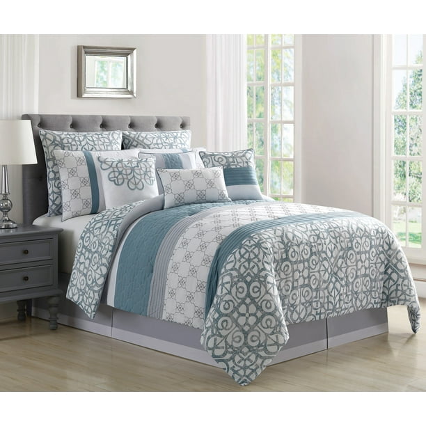 10 Piece Tatiana Blue Gray White Comforter Set Queen Walmart Com