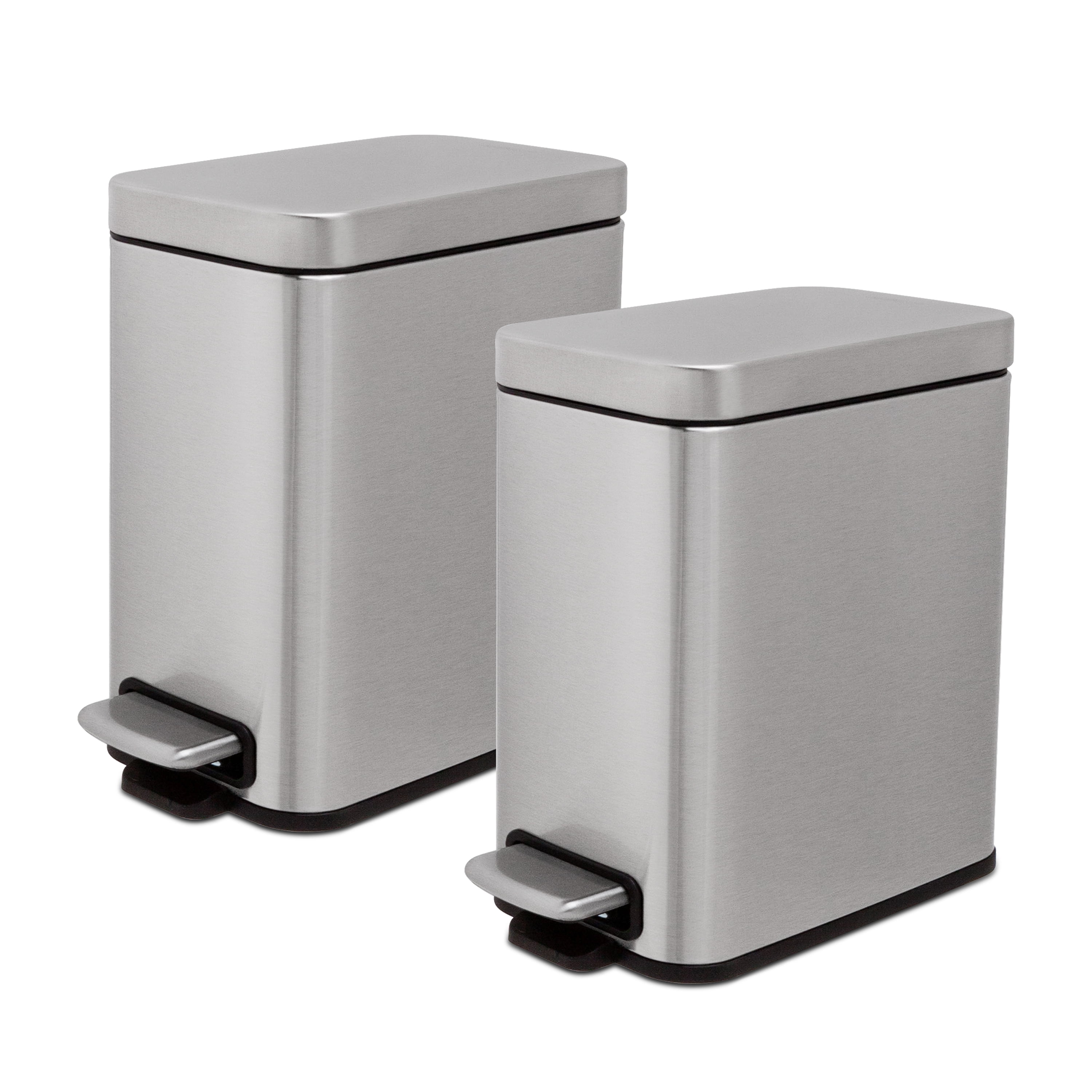 Qualiazero 1.3 Gallon (5L) Stainless Steel Slim Step-On Trash Can "Twin Pack", Soft-Close Lid, Small Bathroom Garbage Bin Set, Silver