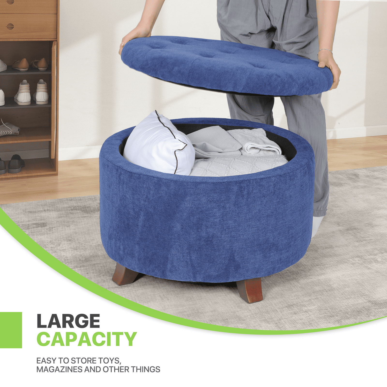 Magshion Storage Ottoman with Padded Seat, Modern Cotton-linen Footrest, Round Seat stool for Living Room Bedroom , Navy Blue