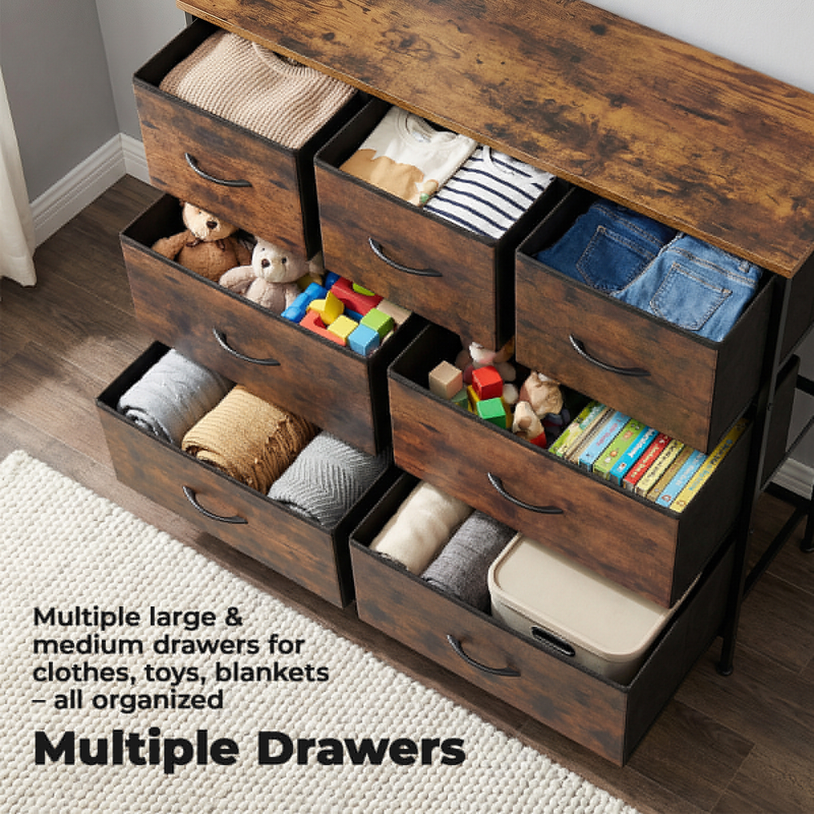 Alvantor Tall Dresser Fabric Storage Tower ,Wooden Top for Kid Room, Closet, Entryway, Nursery