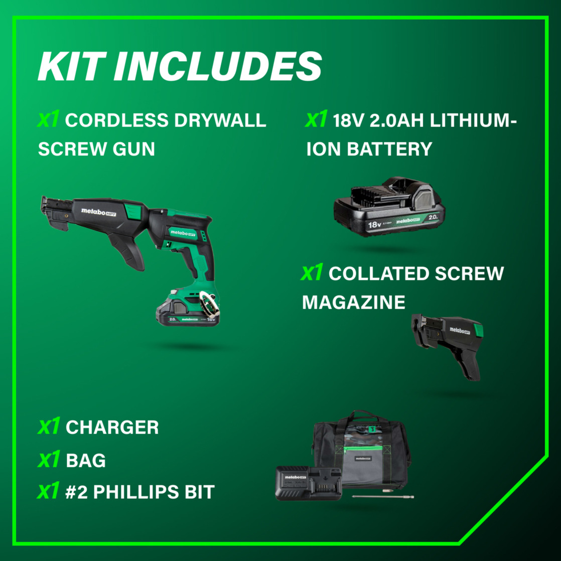 Metabo HPT 18V Drywall Screw Kit, 18V Battery, W18DAQB - Walmart