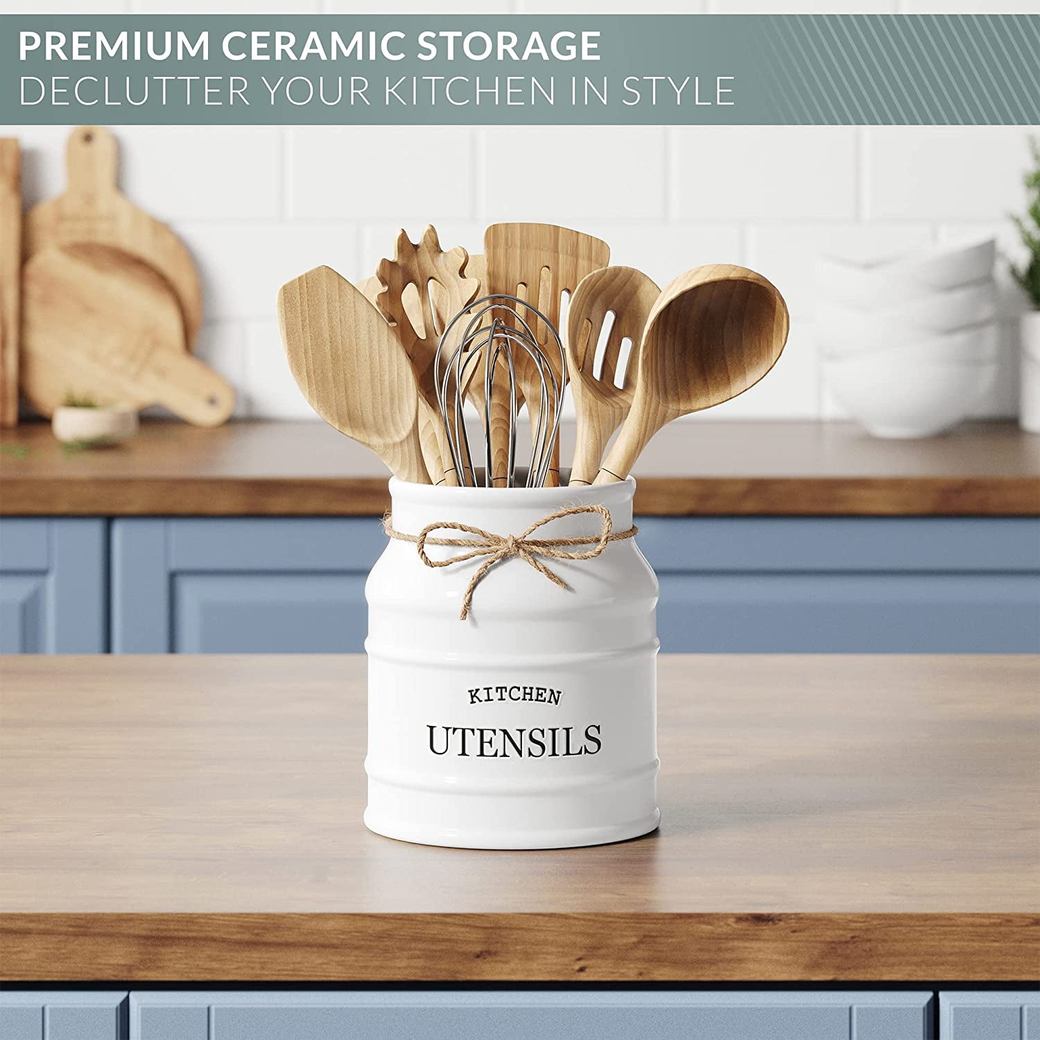 Ceramic Farmhouse Utensil Holder for Kitchen Counter, Large Rustic Utensil Crock, Countertop Cooking Tool Spatula Organizer, 6.75” (White)