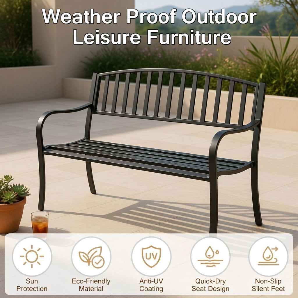 Hommoo 50" Outdoor Steel Garden Bench Loveseat, Modern Patio Bench for Backyard, Deck, Porch & Pool Area, Black