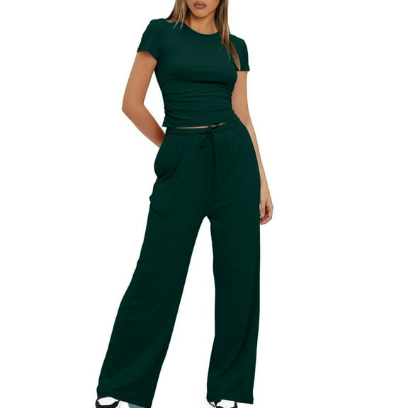 Nrmvnmi Lounge Sets for Women 2 Piece Casual Solid Y2K Outfits Short Sleeve Round Neck Cropped Tops Straight Leg Pants Comfy Loungewear Green XLMothers Day Gifts