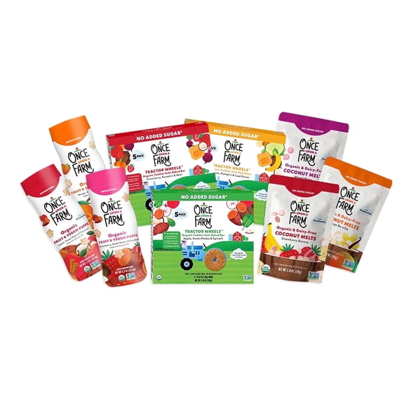Once Upon a Farm Organic Baby & Toddler Snack Sampler, Puffs, Coconut Melts, Tractor Wheels, Made with Real Fruit & Veggies, No Added Sugar, Non-GMO, 9 Count