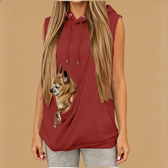 Hoodies for Women with Dog Pouch Sleeveless Hooded Sweatshirt with Kangaroo Pocket Pet Carrier Animal Holder Long Sleeve Pullover Tops