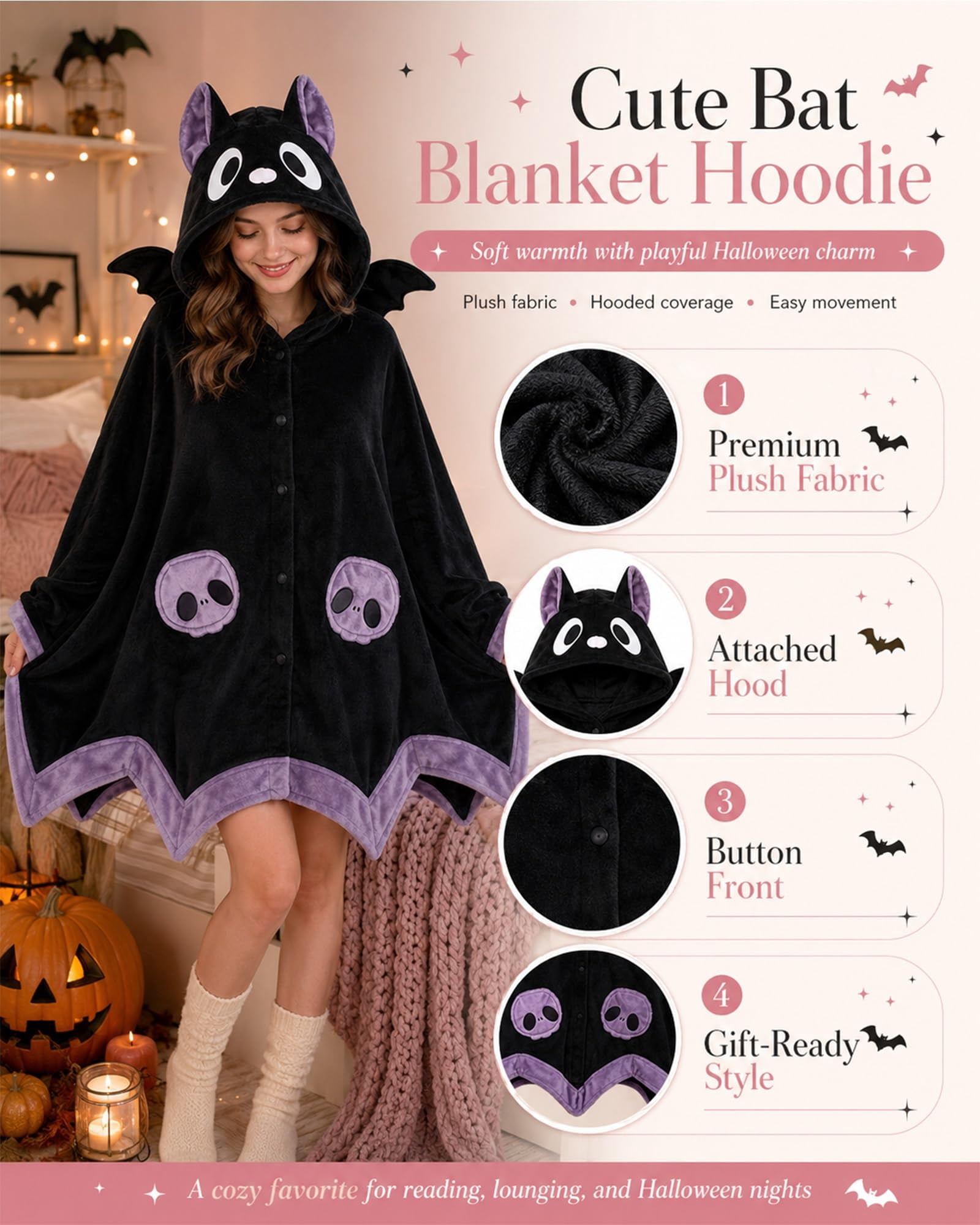 Bat Snug Bat Blanket Bat Hoodie Wearable Blanket Hoodie Throw Halloween Plush Fleece Oversized Soft Warm Cozy Adult Women Gift