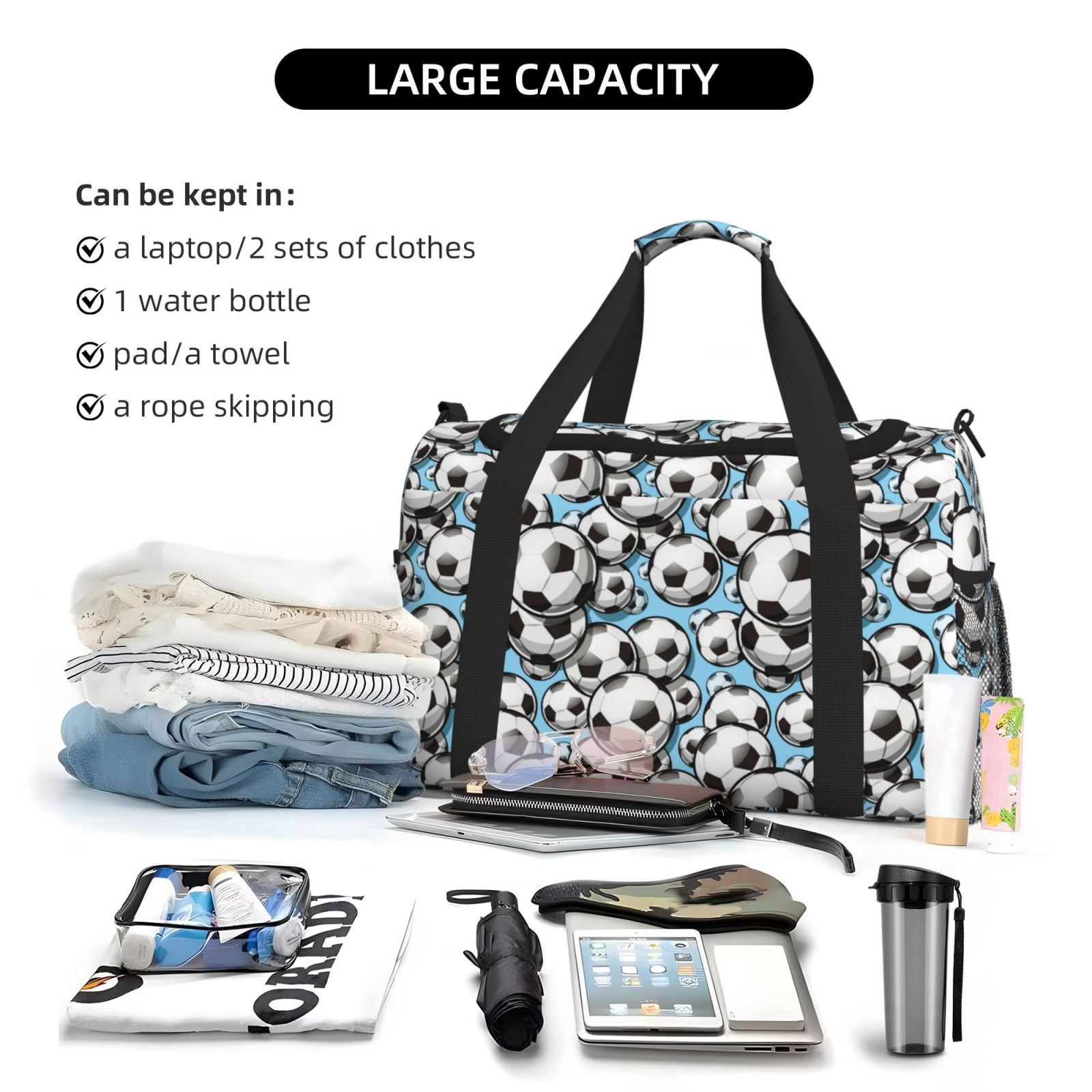 Defioc Football Soccer Ball Print Hand Travel Bag - Foldable Travel Duffel Bags for Men Women -Sport Gym Bag - Overnight Travel Duffel Bag - Adjustable Shoulder Strap