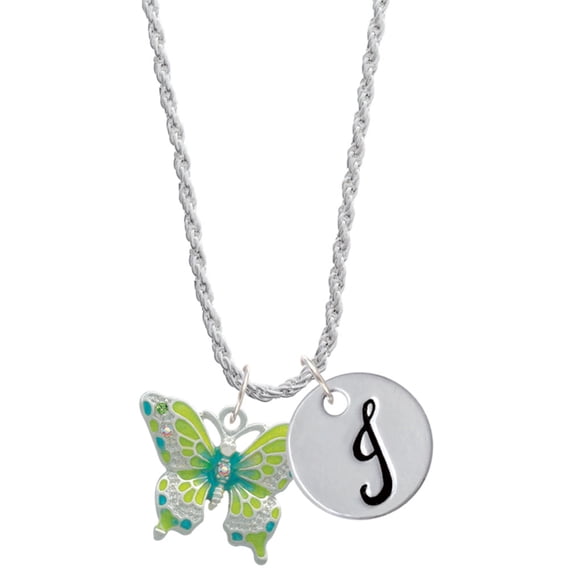 Delight Jewelry Silvertone Large Lime Green & Blue Butterfly Silvertone Script Initial Disc - J - Charm Necklace, 20"+3"