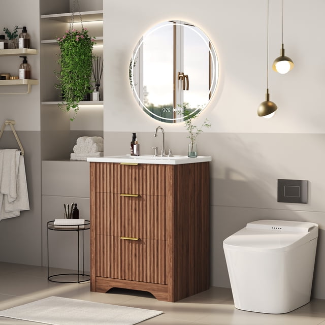 Modern Fluted Bathroom Vanity with Basin – Freestanding Bath Cabinet, 2 Drawers & Turn over-Down Drawer, Easy to Assemble & Clean, Single Basin Vanity Set, Walnut, 30 Inches