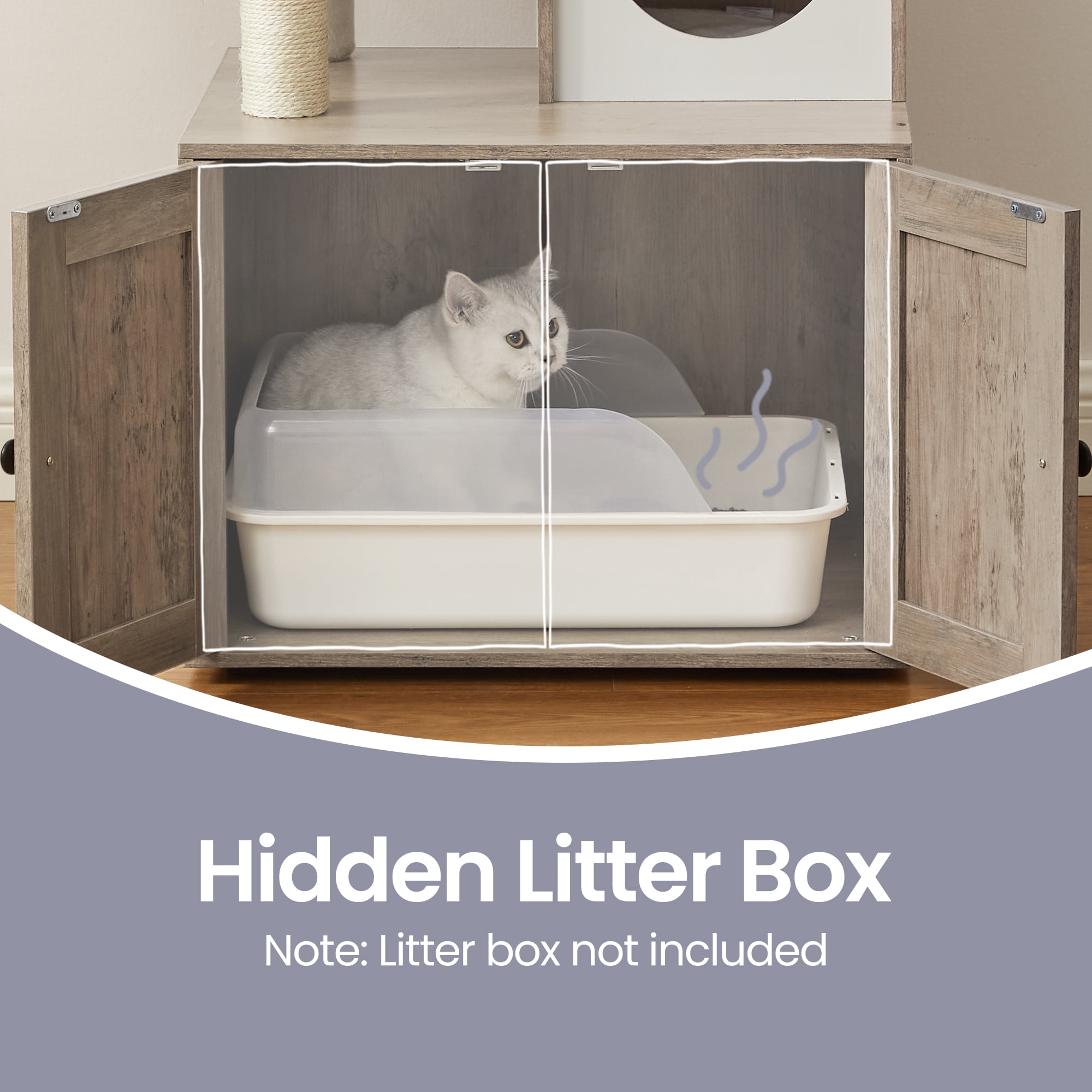 LEDREM 59-Inch 2-in-1 Cat Tree, Litter Box Enclosure, Modern Cat Tower with Scratching Posts, Removable Pompoms, Space-Saving Design, Greige