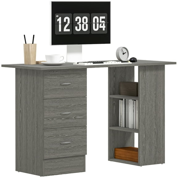 HOMCOM Computer Desk with 3-Tier Storage Shelves, Home Office Desk, Grey