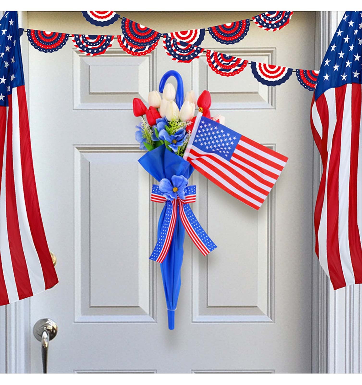 Qocolhg Patriotic Artificial Flower Bouquet for Front Door Decoration, Red, White Blue Tulip in Umbrella Wall Hanging Decor, Mixed Floral Arrangement for Memorial Day & 4th of July Table Centerpieces