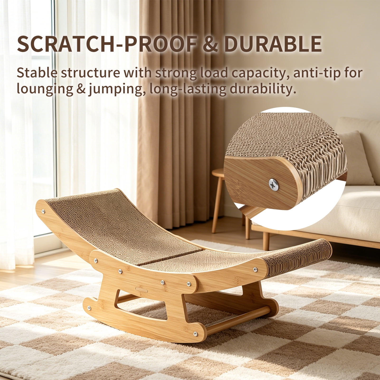 Cat Scratching Rocking Chair Toy with Stable Base, Large Corrugated Cardboard Cat Scratcher Lounger Bed for Indoor Kitten Small Cats, Wear Resistant Claw Grinding Scratch Pad, 60*25cm
