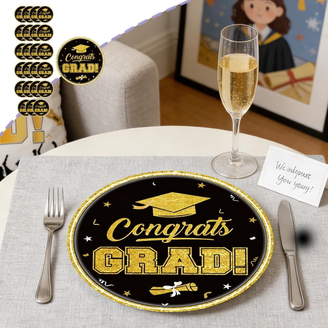 Black Gold Graduation Theme Tableware, Disposable Party Set With Coordinated Plates and Cups, for Adult Celebration Decor, Multi-color