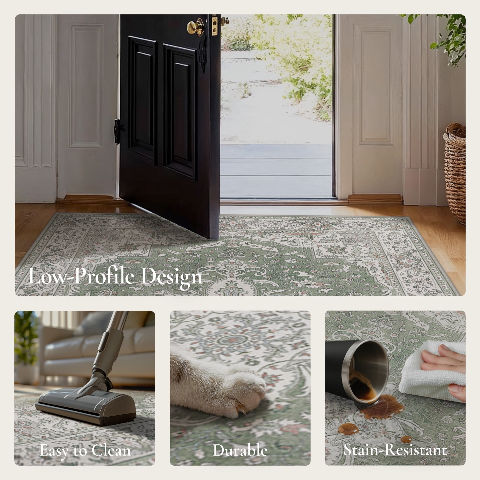 KUETH 3x5 Vintage Area Rugs Machine Washable Rugs for Living Room, Non Slip Flat Pile Rug with Rubber Backing, Boho Rug for Entryway Bedroom Dining Room Home Office