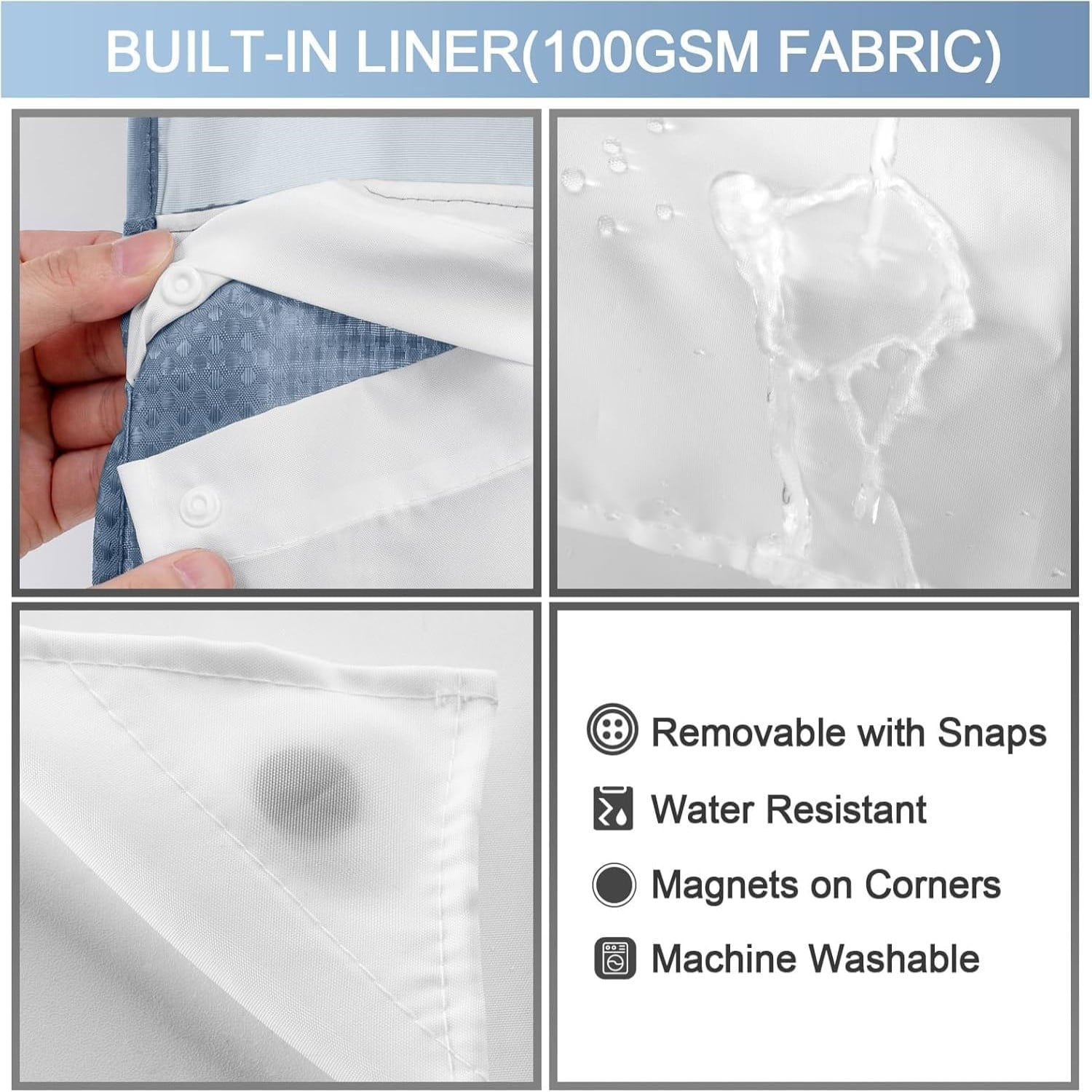Zrodlmo No Hook Fabric Shower Curtain with Snap-in Liner, Waffle Waterproof and Mildew Resistant Bathroom Curtain, 72"x 74", Moon Blue