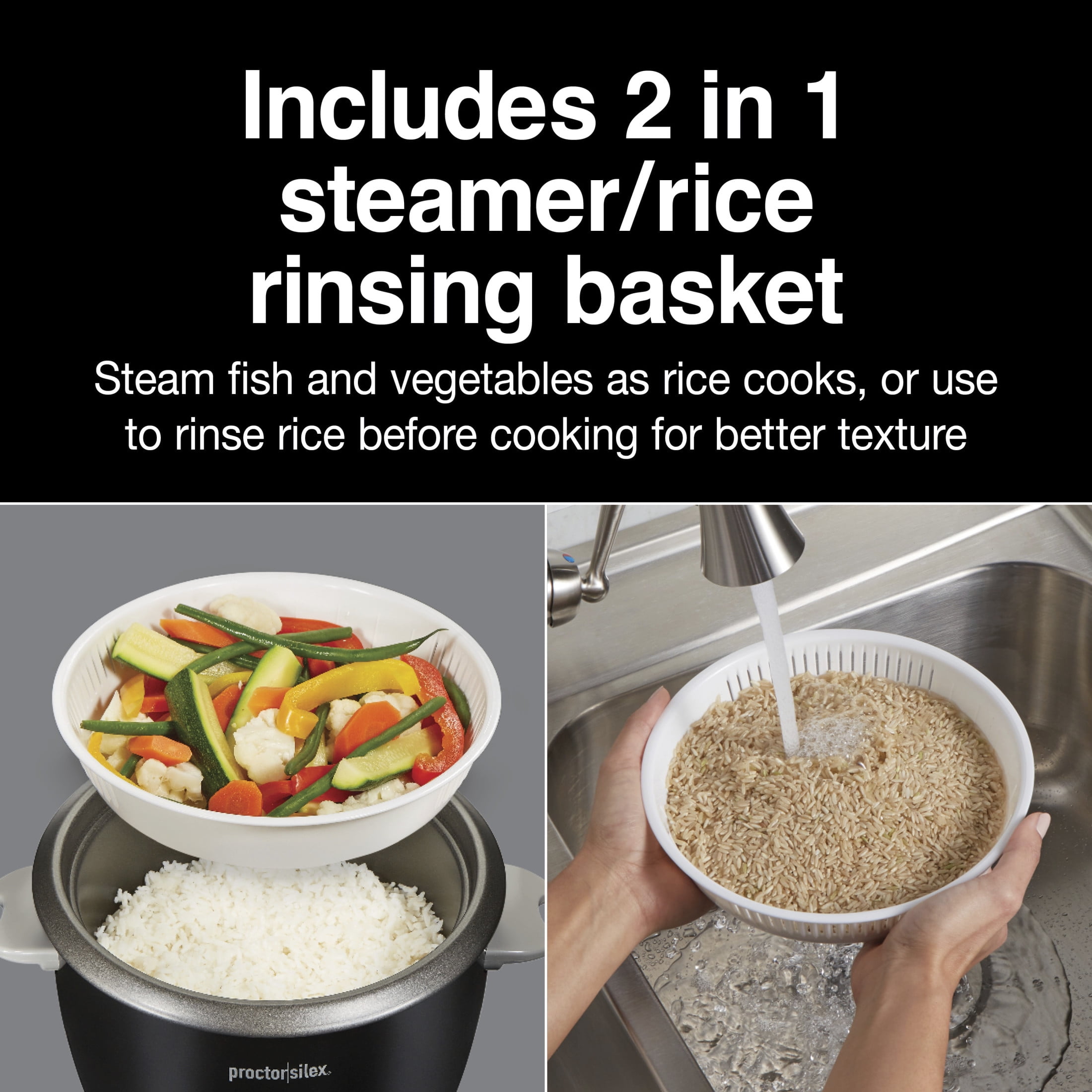 Proctor Silex 16 Cup Rice Cooker & Food Steamer with Steam & Rinse Basket, Black