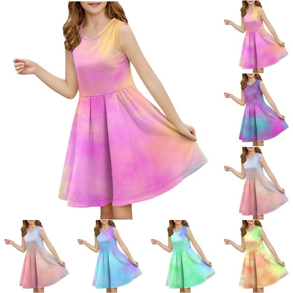Mevxay Girls Tie Dye Dress Sleeveless Crew Neck A-Line Swing Flare Skater Dresses for 6-14 Years Blue