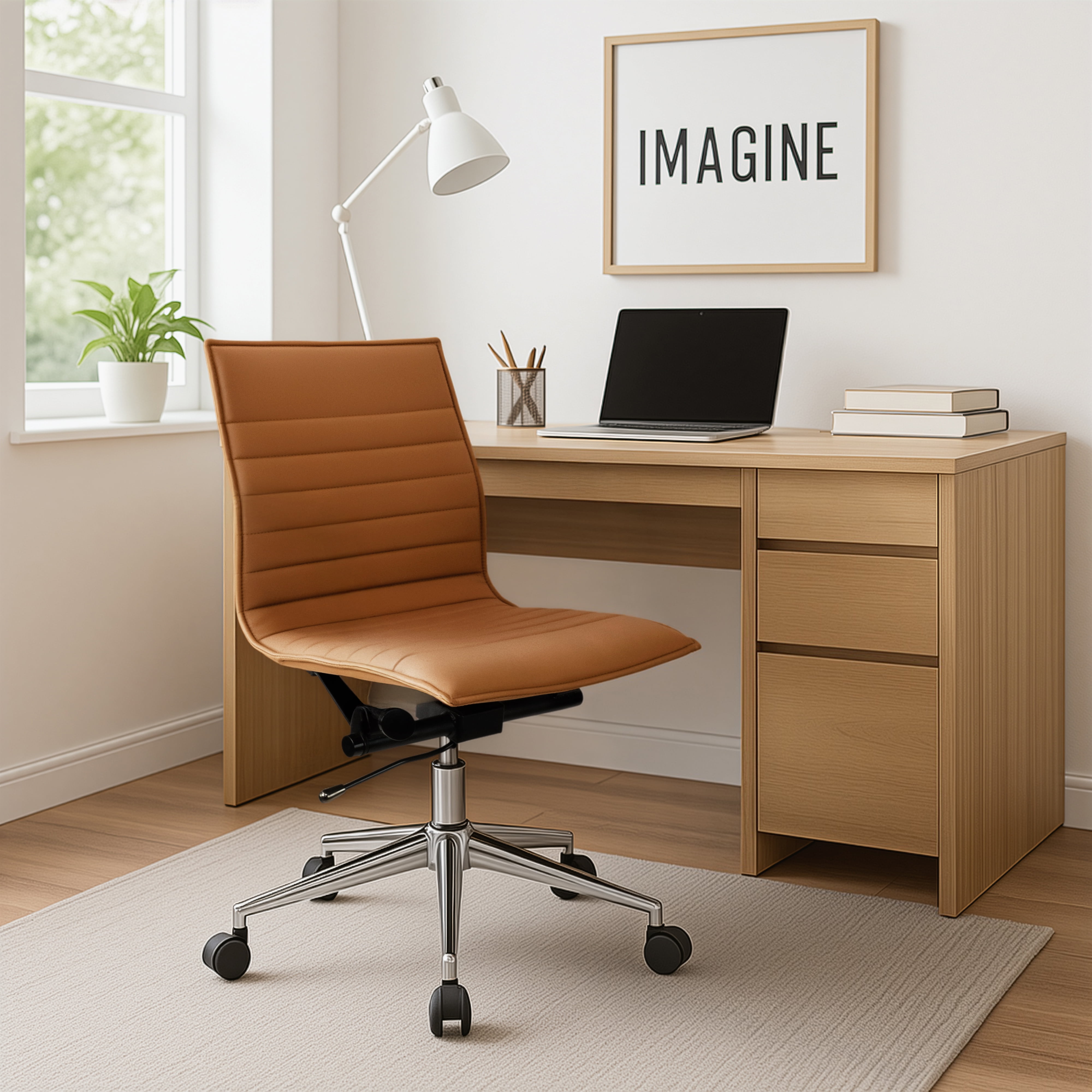 2xhome Set of 2 Mid Back Height Modern Home Office Chair, Ribbed PU Leather Seat with Swivel Tilt Adjustable Ergonomic Computer Desk Chair, Tan