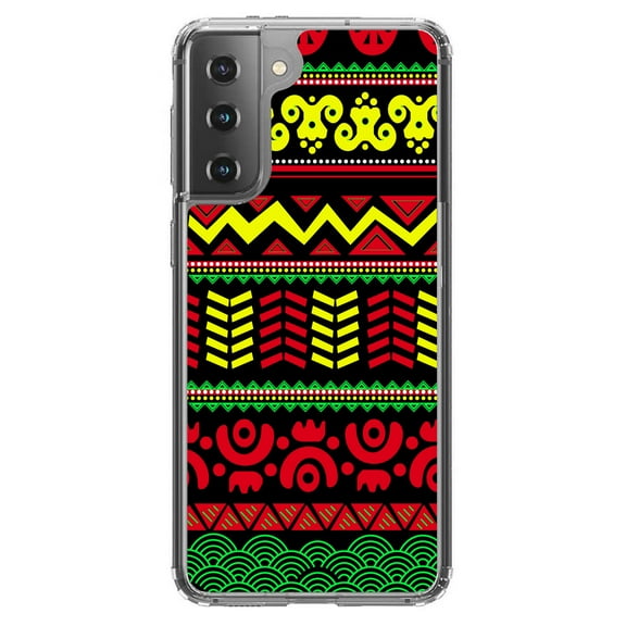 DistinctInk Clear Shockproof Hybrid Case for Galaxy S21 5G (6.2" Screen) - TPU Bumper, Acrylic Back, Tempered Glass Screen Protector - Black Yellow Red Aztec Tribal