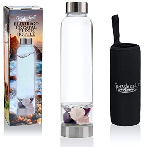 Crystal Water Bottle Elixir Set | Includes Authentic Hematite & Clear  Quartz Healing Crystals | Black Neoprene Sleeve | Drink Gem Infused Water  On The