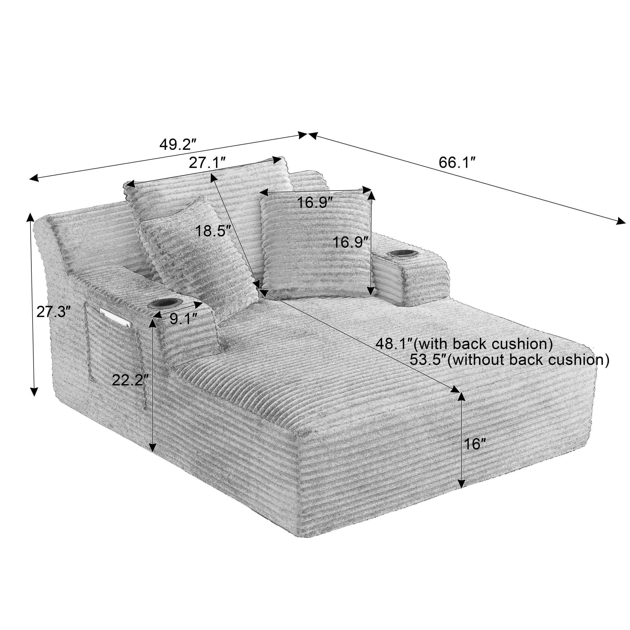 ShiKeyi 66'' Chaise Lounge Chair Indoor, Boneless Sofa Cloud, Plush Corduroy Chaise Couch with Cup Holders, Side Storage Pocket & Pillows, No Assembly Required, Dark Gray