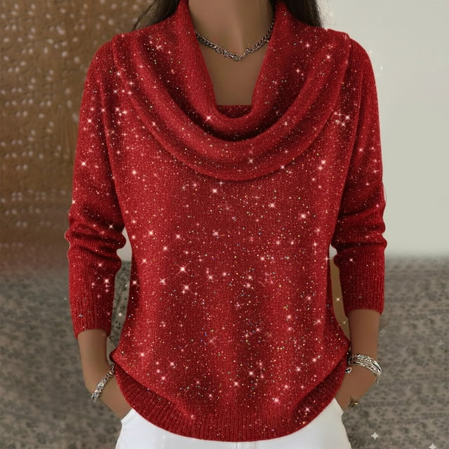 Cowl Neck Sweater Lightweight Sweaters Basic Knit Pullover Tops Knit Fall Winter Clothes Plus Size Holiday Sweater Lightweight Pullover Sparkly Sweaters Lightweight Pullover Loose Pullover Red XL
