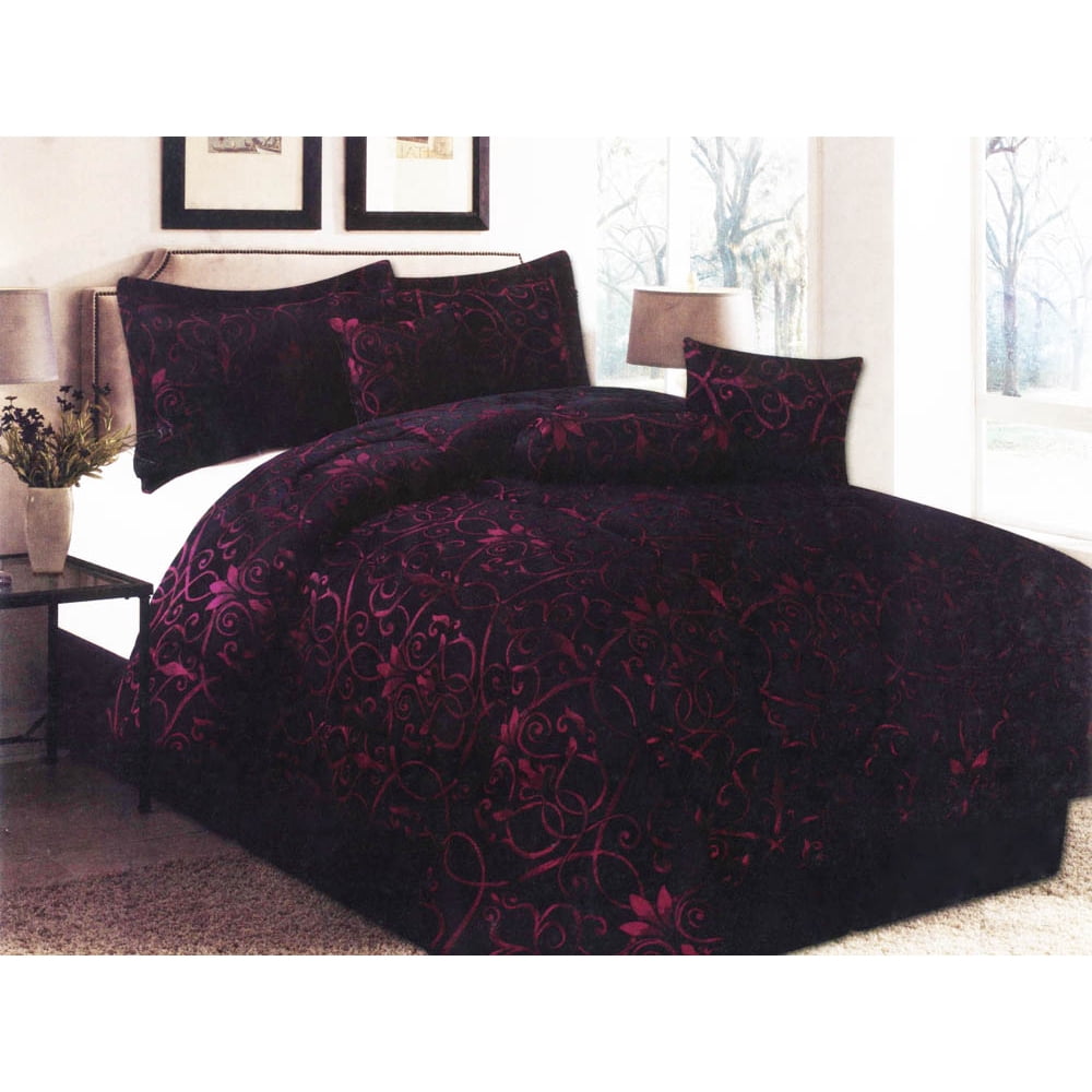 7Pc Luxurious Floral Jacquard Comforter Set Black Purple Bed in a Bag
