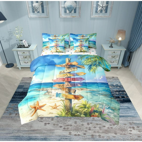 Erosebridal Coastal Beach Bedding Twin Size, Summer Holiday Bed in a Bag Twin size, Ocean Starfish Reversible Bed Set, Ultra Soft Bedroom Decorative, 7pcs