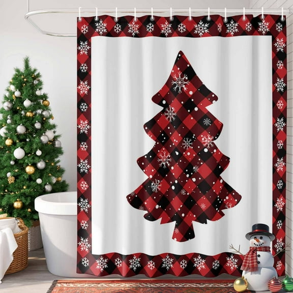 Christmas Red Shower Curtain, 60" x 72", Black Buffalo Check Plaid Waterproof Bathroom Curtain Washable Shower Curtain Set with 12 Hooks