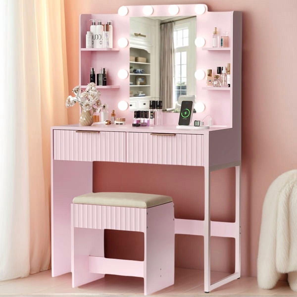 Alvantor 33.15 in Makeup Vanity Desk with Lighted Mirror, Power Strip, 2 Drawers, 4 Shelves and Cushioned Stool, Pink