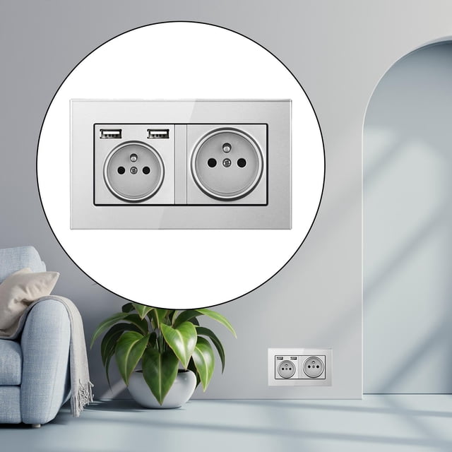 Wall Outlet,2.1A USB Wall Outlet Charger 16A socket,receptacle Plug Electrical USB Outlet port,Charging Power Outlet with USB Ports panel,French Electrical Sockets Dual USB Charger Gray perfecl Toma de pared