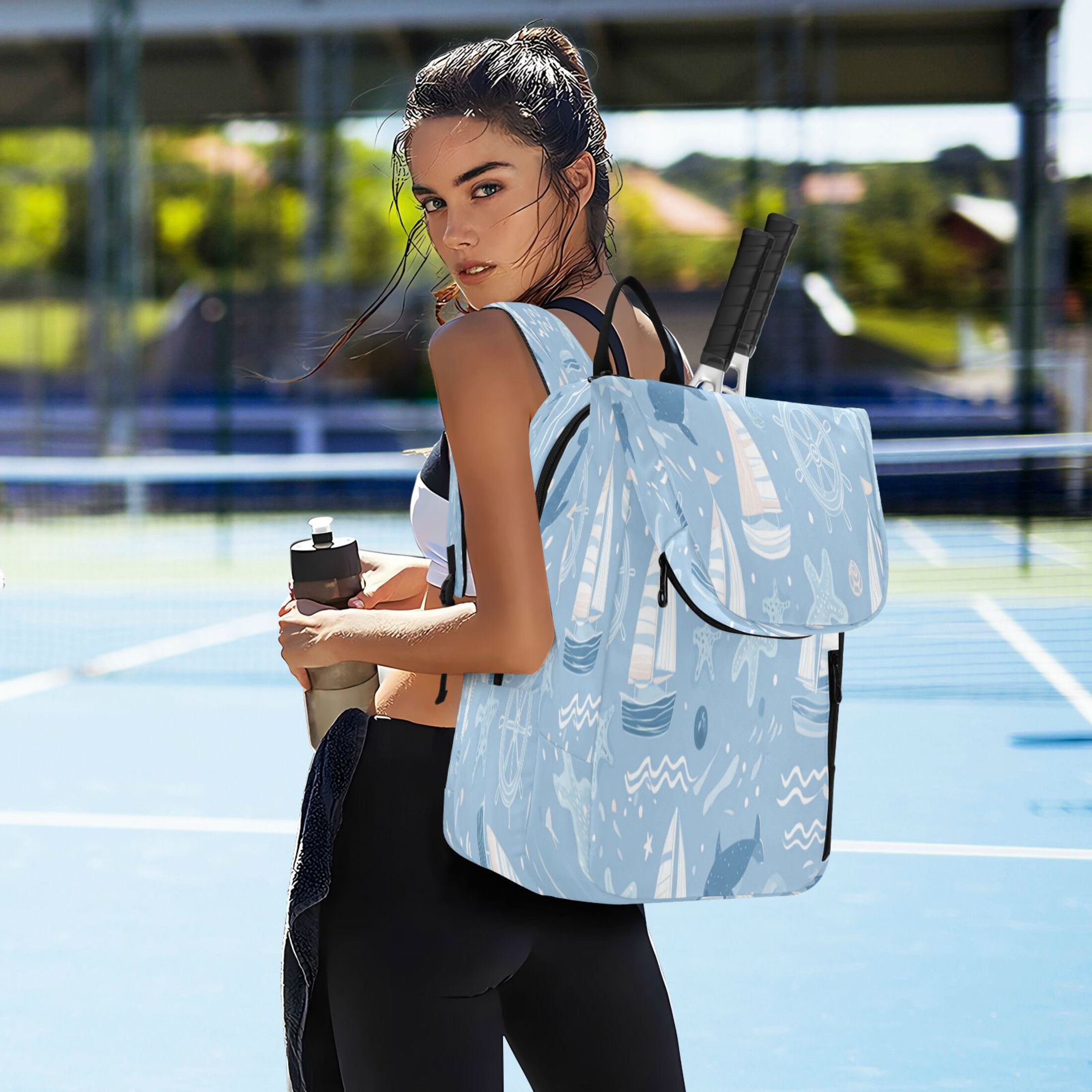 2 Racquet Holder Tennis Backpack Tennis Racket Covers Gym Bags Light Blue Marine Animal Design