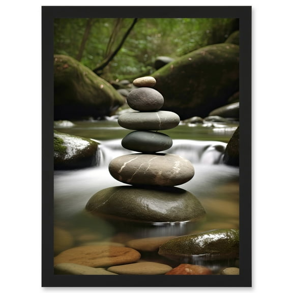 Zen Massage Stone Photograph Waterfall River Nature Beauty Salon Therapy Room Artwork Framed Wall Art Print A4
