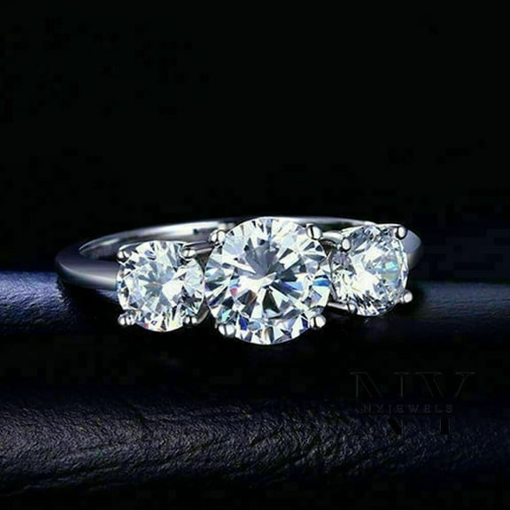 Forever Jewels 3Ct Round Cut Moissanite Three Stone Women Engagement Ring 14K White Gold Plated
