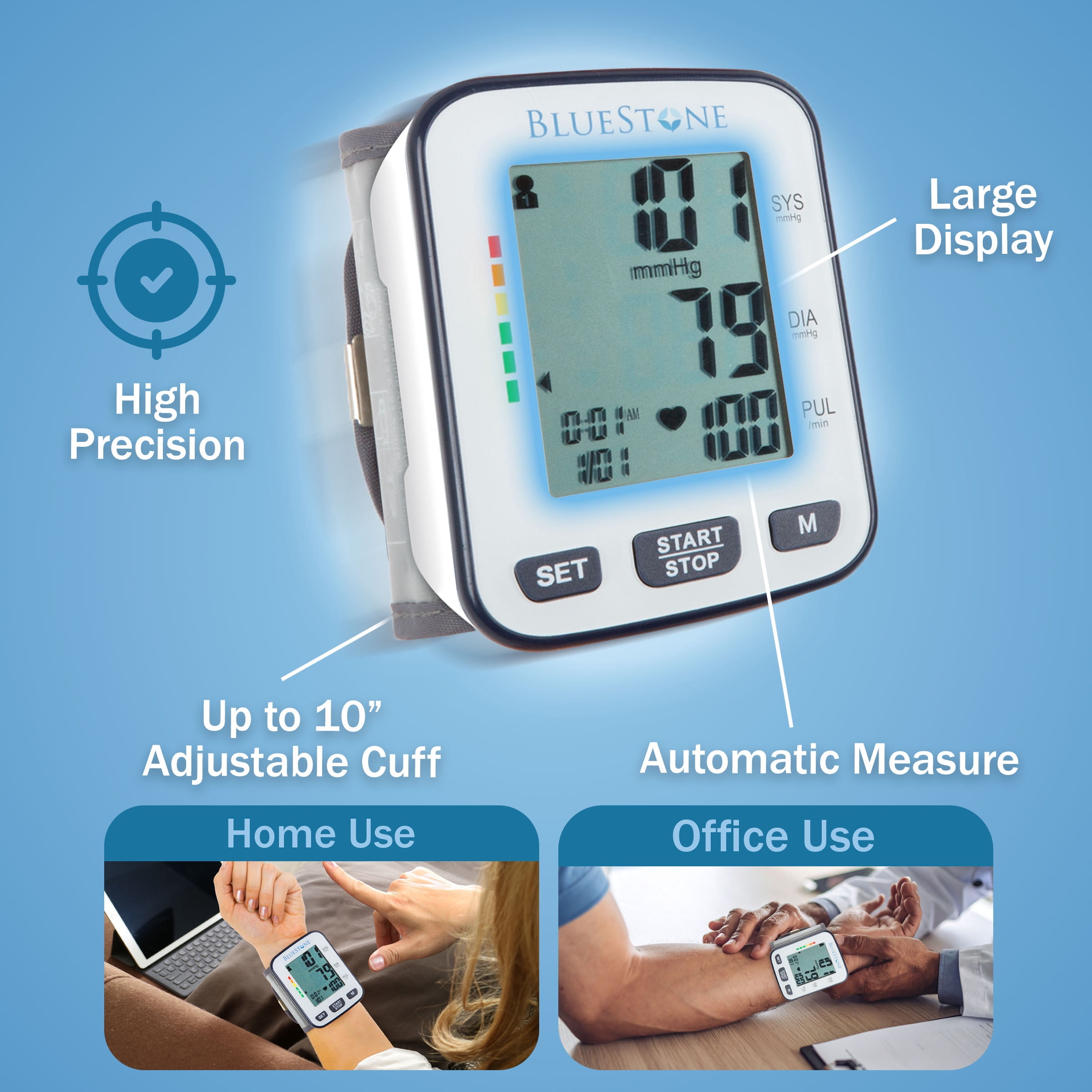 Bluestone Cuff-Style Heart Rate Monitor - Electronic Blood Pressure Cuff and Pulse Monitor with LCD Display, Memory, and Storage Case
