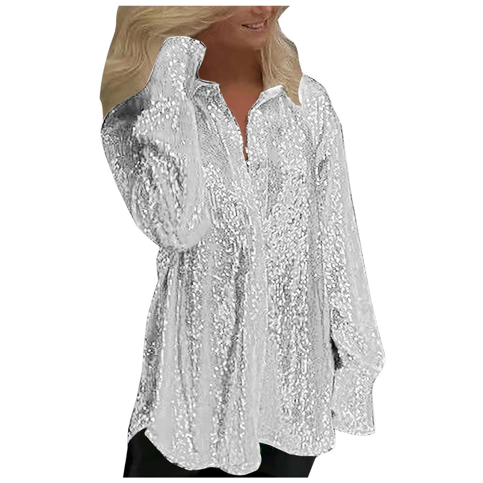 Sequin Blouses for Women V Neck Sequin Blouse Long Sleeve Loose Glitter