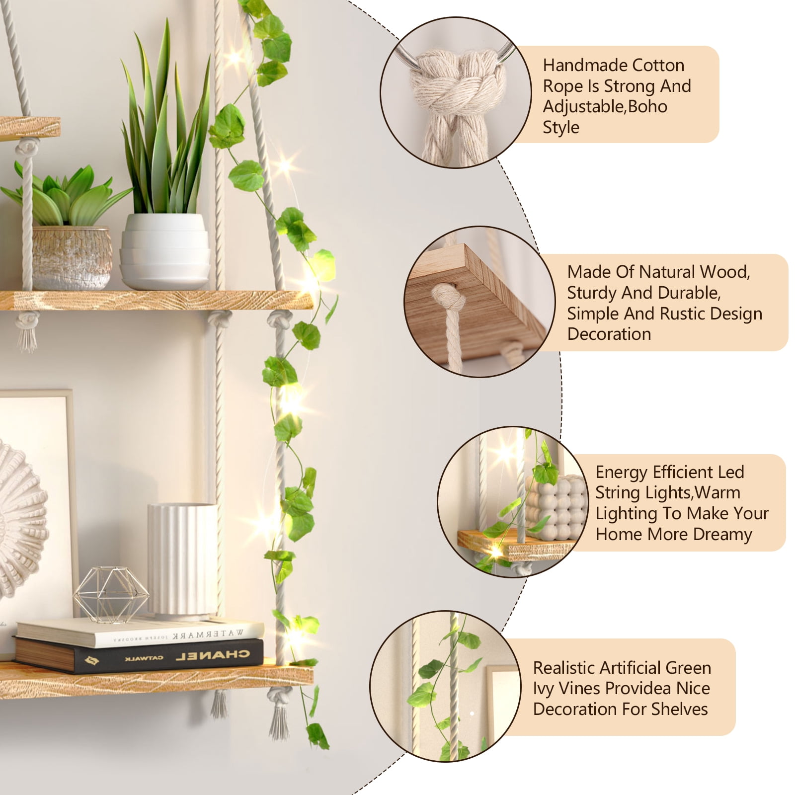 FKS LIFE Hanging Shelves Boho Decorative Wood Sheves for Wall Hanging, Hanging Plant Shelf with Lights Floating Swing Storage Shelves, Indoor Wall Shelf Adjustable Rope
