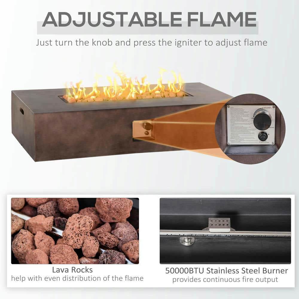 Yardi Yarda 56" Firepit Table with Lava Rocks & Rain Cover, 50,000 BTU Large Rectangular Stone, Gas Firepit Fits 20lb Tank, Gas Firepit for Outdoor, Brown