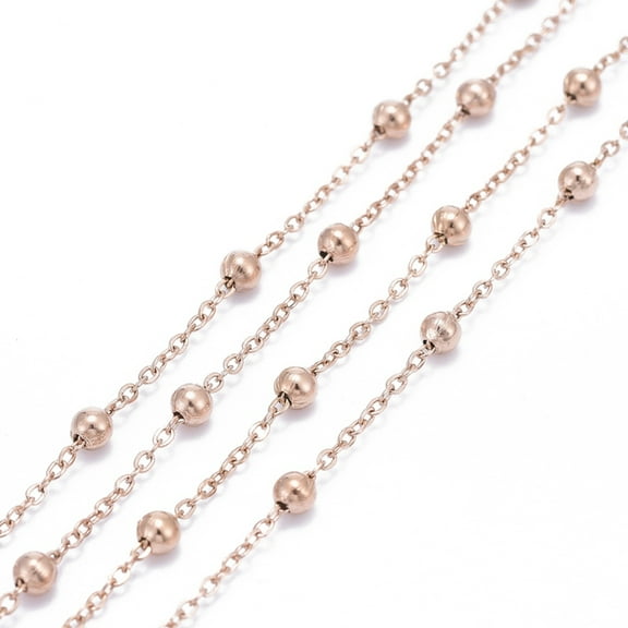 1 roll Ion Plating(IP) 304 Stainless Steel Cable Chains with 304 Stainless Steel Beads Soldered with Spool Rose golden Link: 1.5x1.2x0.2mm Beads: 3mm 32.8 Feet(10m)/roll