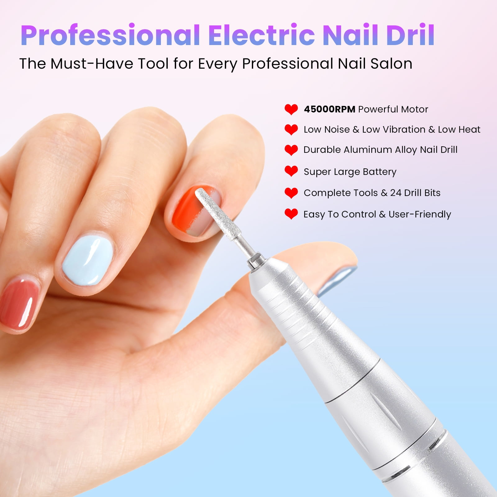 FETERVIC Professional Nail Drill Kit 45000 RPM, Rechargeable Electric Nail File , Cordless E-File Machine with LCD Display & 24 Drill Bits for Acrylic, Gel Nails & Cuticle Care