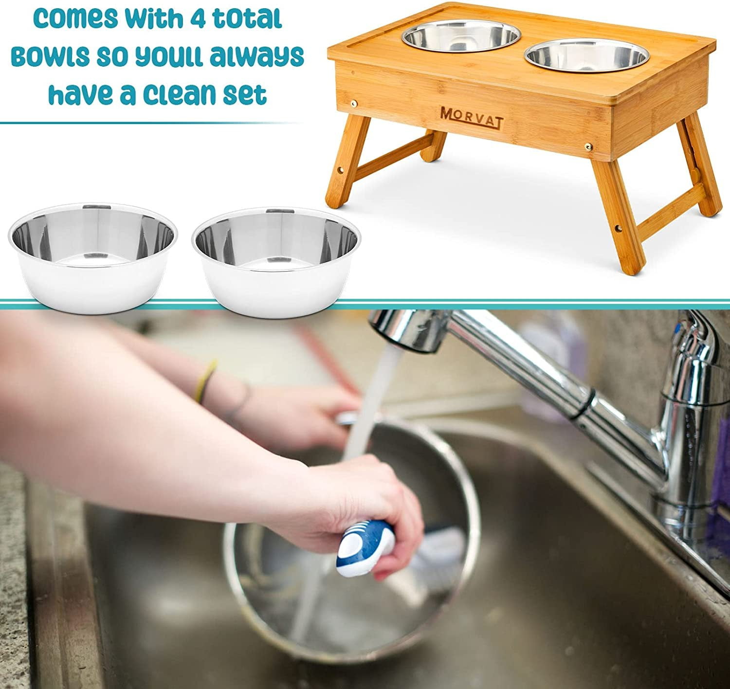 Morvat Bamboo Adjustable Height Double Dog & Cat Pet Feeder & 4 Metal Dish Bowls