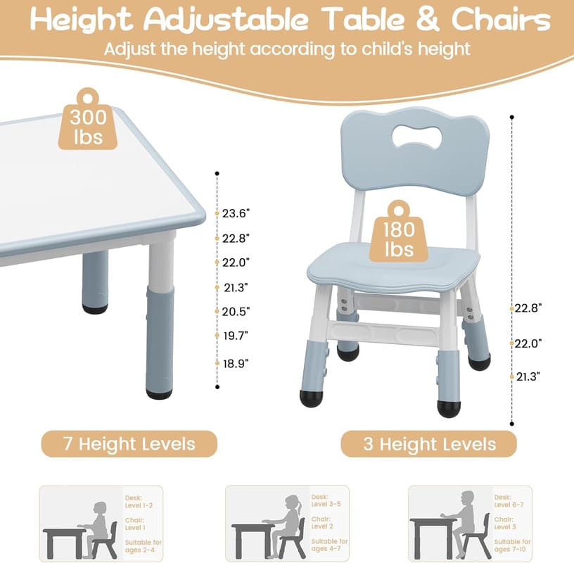EastVita Kids Table and 2 Chairs Set, Height Adjustable Toddler Table and Chair Set, Graffiti Desktop, Children Multi-Activity Table for 2, Kids Study Table for Home Daycare Preschool for Ages 2-8