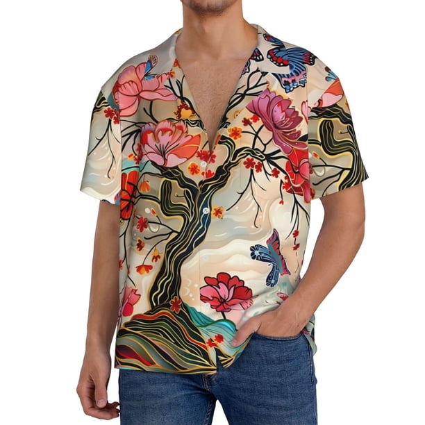Fotbe Butterflies And Flowers Painting Camisa Estampada de Manga Corta para Hombre, Casual de Verano, Estilo Playero, Sin Arrugas-Medium