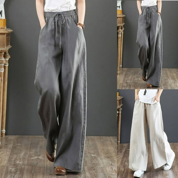 safuny Women's Cotton Linen Wide Leg Cuff Pants Girls Casual Comfy Trendy Solid Color Teen Relaxed Trousers High Rise Beige S
